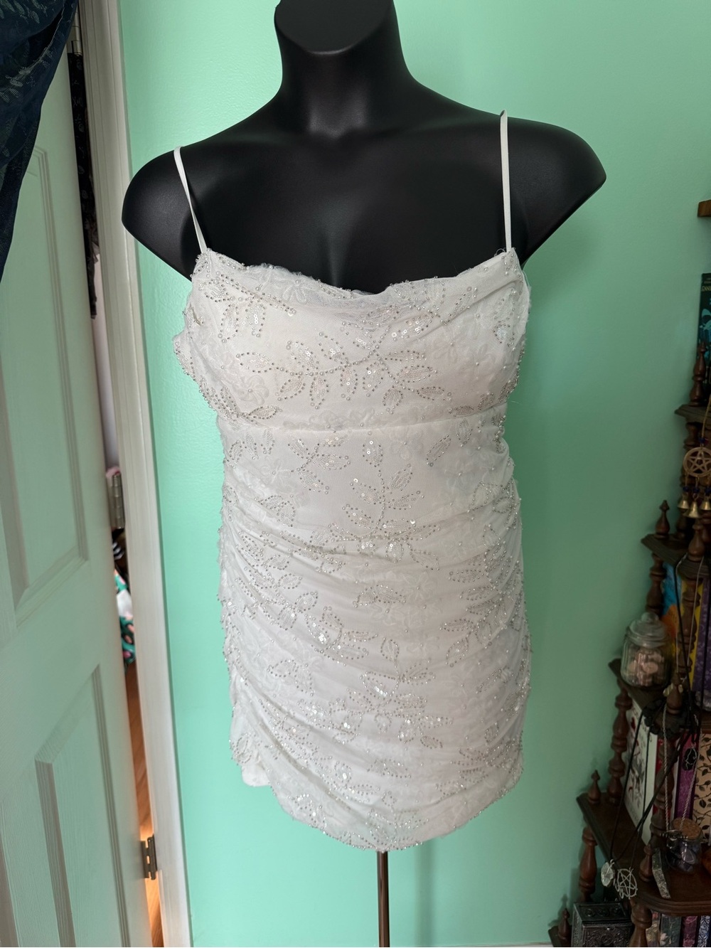 White Beaded Spaghetti Strap Women’s Minidress